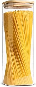 ComSaf Glass Spaghetti Pasta Storage Containers with Lid(71oz), Tall Clear Airtight Food Storage Jar with Bamboo Lid for Noodles Flour Cereal Sugar Beans, Sqaure Spaghetti Pantry Container