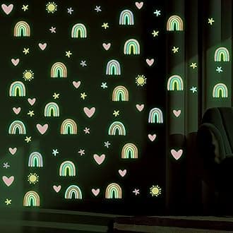 Epakh Rainbow Wall Decor Stickers Small Rainbow Decal Watercolor Heart Star Sun Wall Stickers Decor for Girls Boys Baby Bedroom Nursery(Luminous Green)