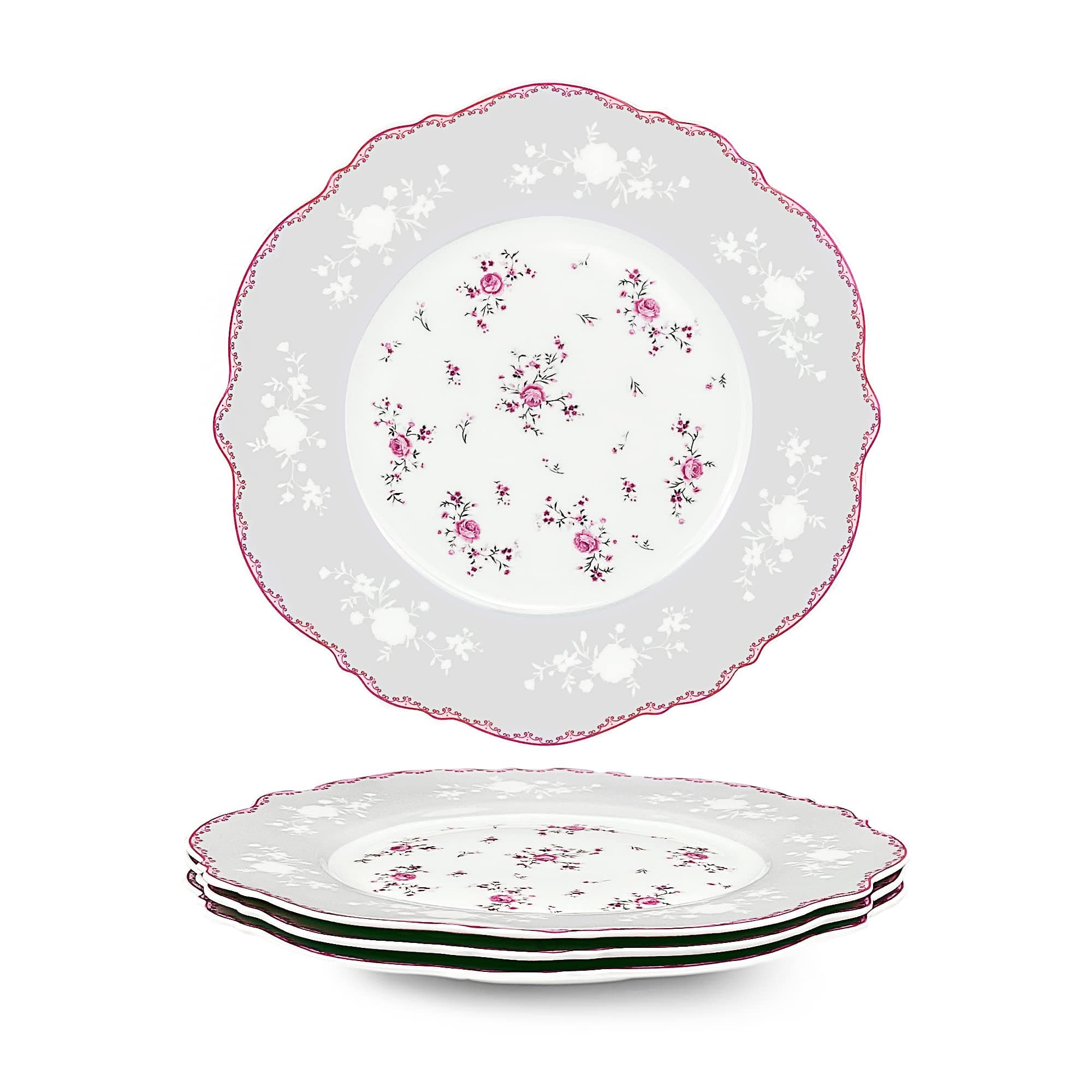 fanquare Set of 4 Porcelain Dessert Plates, 20.8 cm Small Ceramic Pink Flowers Plates, Dinnerware Set with Gold Trim