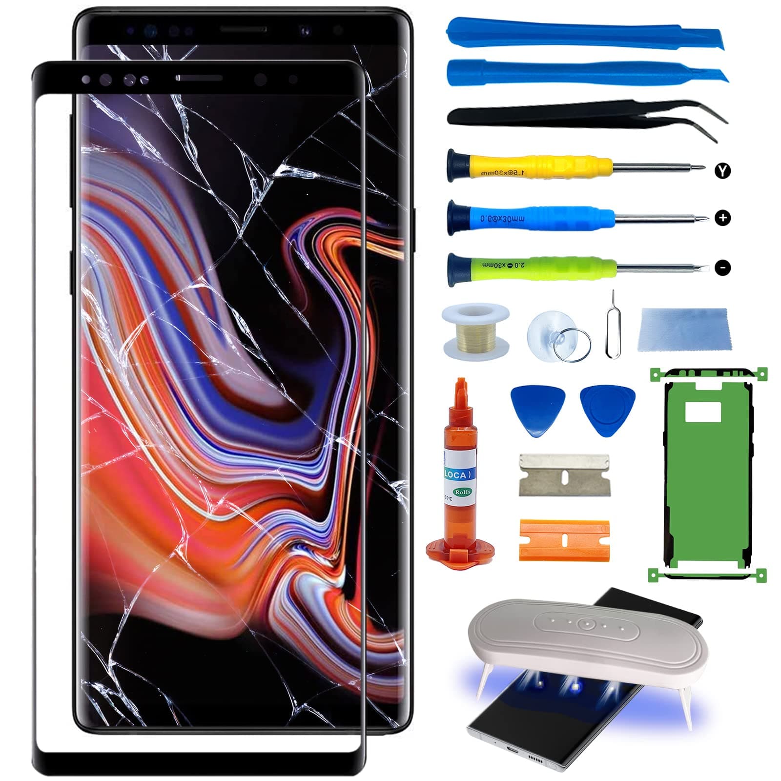 for Samsung Galaxy Note 9 Front Glass Screen Replacement Outer Screen incl Waterpoof Frame Adhesive,Repair Glue and Lamp Tool Kit(No Digitizer,No LCD) N960U