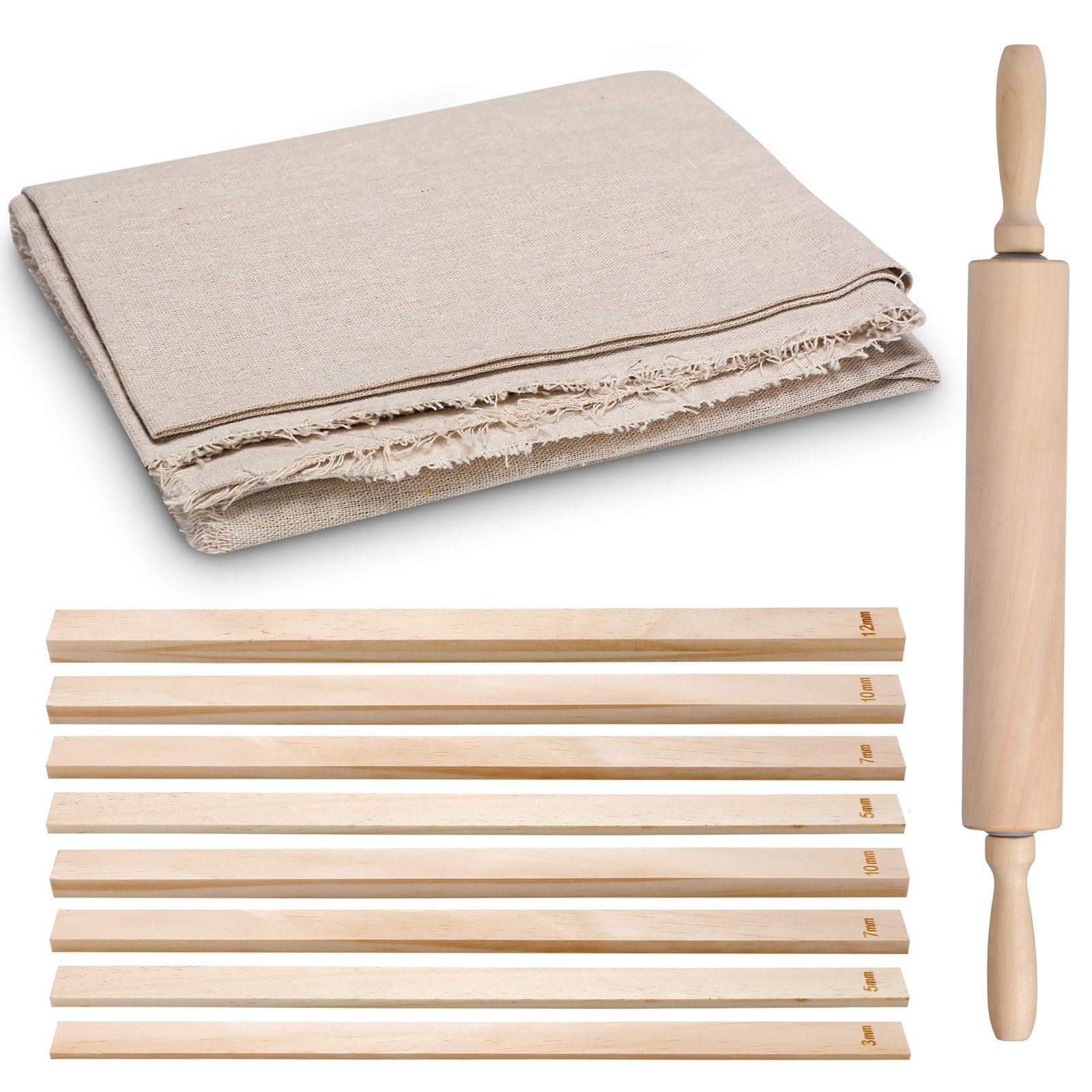 12 Pcs Pottery Tools Include 1 Wood Rolling Pin Sculpting Polymer Clay Tools 1 Portable Pottery Wedging Board/Linen Tablecloth and 10 Pcs 5 Size Teaching Rolling Mud Stick Guide (Tablecloth)