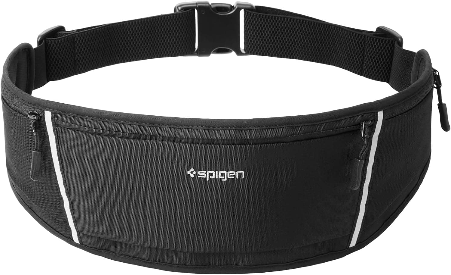 Spigen Dynamic Shield Running Waistpack Belt Bag [3 Pockets] Light weight Phone Holder up to 6.9 inch [Water Resistant] with Reflective Strip and Adjustable Waist Strap - Black