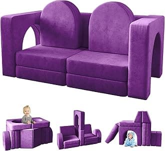 wanan Kids Couch 10PCS, Modular Kids Play Couch for Playroom Bedroom, 10 in 1 Multifunctional Kid Sofa for Playing, Creativing, Sleeping, Indoor Toddler Couches for Boys and Girls (Purple)