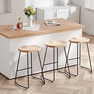 Counter Height Bar Stools Set of 3, Solid Wood Bar Stool for Kitchen Island 26" Barstool with Metal Leg Rustic Backless Saddle Seat Stools with Footrest (Burlywood, 3 PCS 26Inch Counter Chair)