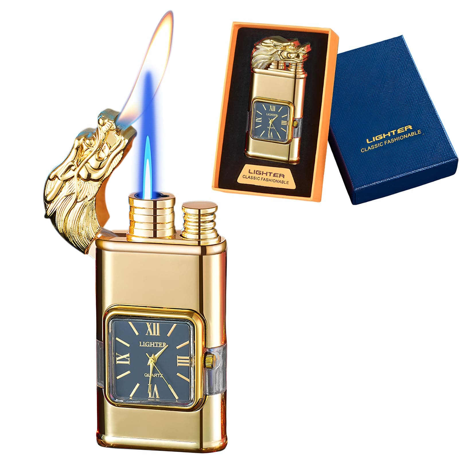 Torch Lighter, Magic Dual Flame Dragon Lighter with Portable Size, Windproof Lighter with Visible Fuel Tank, Adjustable Flame Refillable Butane Lighter for Men Friends Gifts (Without Butane)- Gold-d