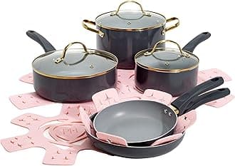 Paris Hilton Cookware Set with Gold Rim Lid, 12-Piece, Charcoal Gray