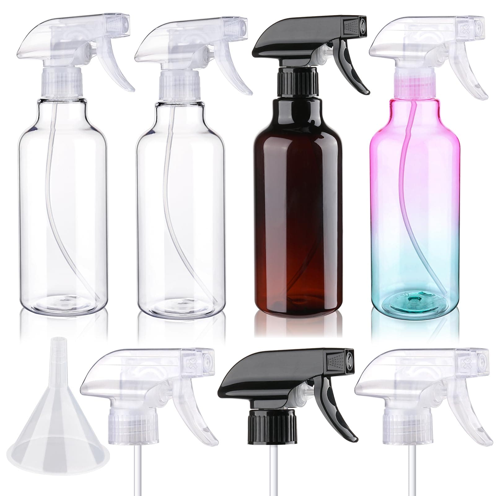 4 pack Plastic Spray Bottles Empty Spray Bottle 16.9oz/500ml Heavy Duty Spraying Bottles Mist/Stream Water Bottle for Cleaning Solutions, Hair (2Clear&1 brown&1 gradient)