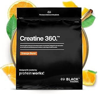 Protein Works | Creatine 360 - Black Innovation, Creatine Monohydrate, Micronised Creatine Powder, 100% Purity, 200 Mesh Ultra Fine Creatine, Energy & Performance, Orange Burst, 62 Servings, 250g