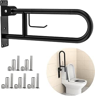 YuanDeToilet Grab Bar 22.4 Inch, Flip Up Grab Bar with Paper Holder, Matte Black Anti-Slip Safety Bars for Toilet, Stainless Steel Knurled Toilet Handles for Seniors Disabled Elderly Pregnant