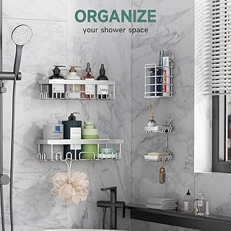 Veken Adhesive Shower Caddy 5-Pack,Heavy Weight Bearing,Large Wall Mounted Shower Shelves Rack,Organizer Storage Accessories with Soap Dish&Toothbrush Holder,Ideal for Bathroom,Home&Kitchen,Silver