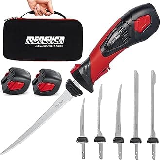 Cordless Electric Fillet Knife, with 5 Ti-Nitride S.S. Coated Non-Stick Reciprocating Blades & Cooling Hole Non-Slip Grip Handle & Practical handbag, Rechargeable Electric Knife for Fishing