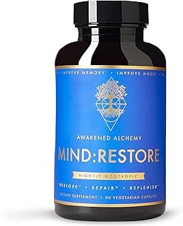 MIND:RESTORE Premium Nighttime Nootropic Supplement | Brain Nutrition for Memory and Sleep | 9 Premium Ingredients | L Theanine Lions Mane Choline Magnesium L Threonate Vitamin B6 Bacopa Monnieri