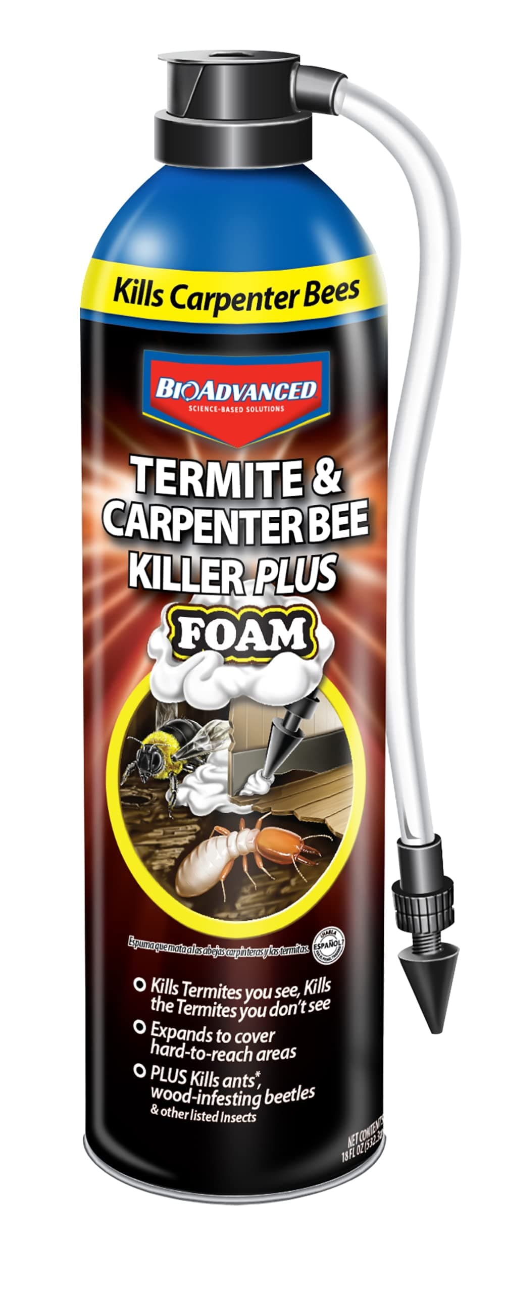BioAdvanced Termite & Carpenter Bee Killer Plus Foam - Expanding Foam Termite Killer for Wood-Infesting Pests - 18 oz Can