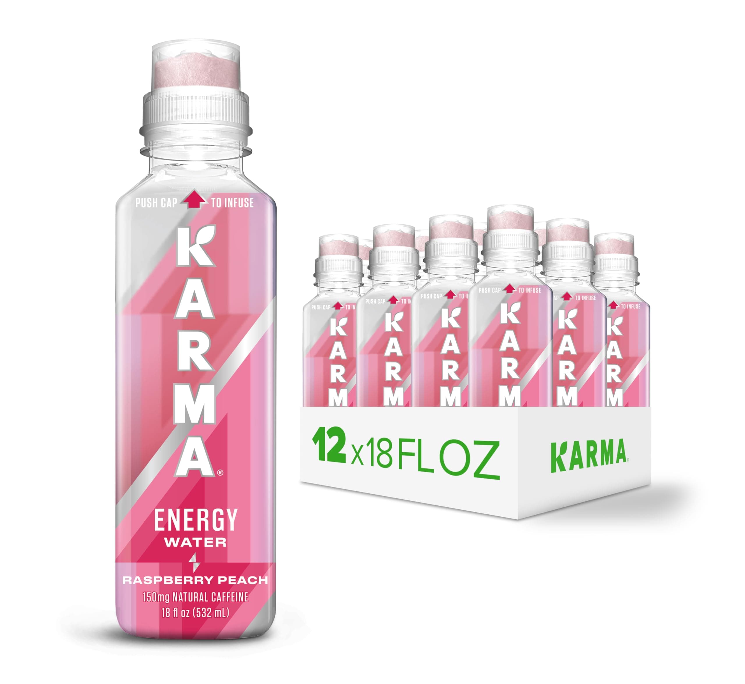 Karma Energy Drink â€“ 12 Pack, Raspberry Peach Caffeinated Water with Cognizin® Nootropics, Vitamins & Immune Support, Low Calorie