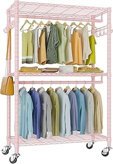 VIPEK R2 Plus Rolling Garment Rack Heavy Duty Clothes Rack, Metal Clothing Rack with Double Rods Adjustable Shelves, Freestanding Wardrobe Closet with Side Hooks for Storage and Organization, Pink