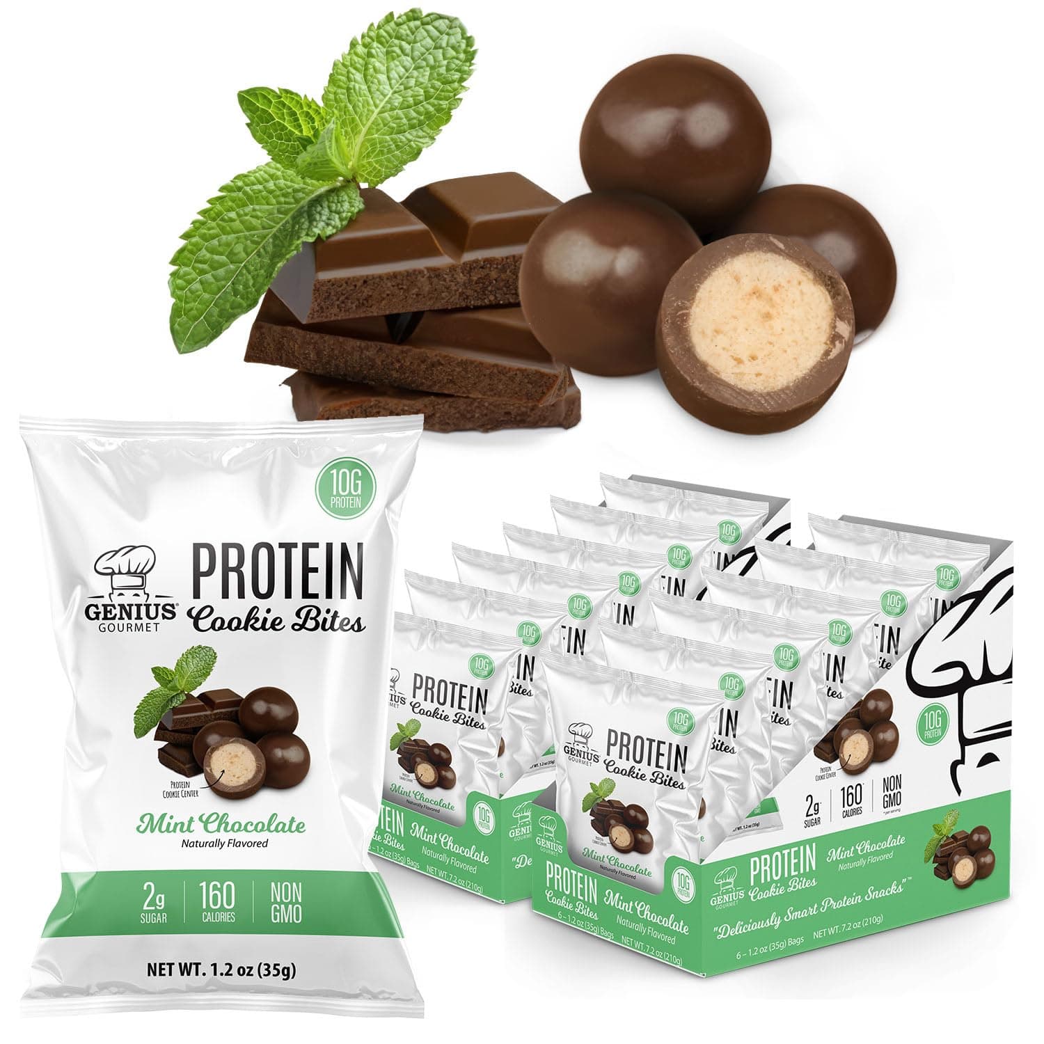 Protein Cookie Bites Mint Chocolate - 10g Protein, No Added Sugar, Low Carb, Non-GMO - Sweet Protein Desserts & Protein Snacks for Adults and Kids - 12 Bags