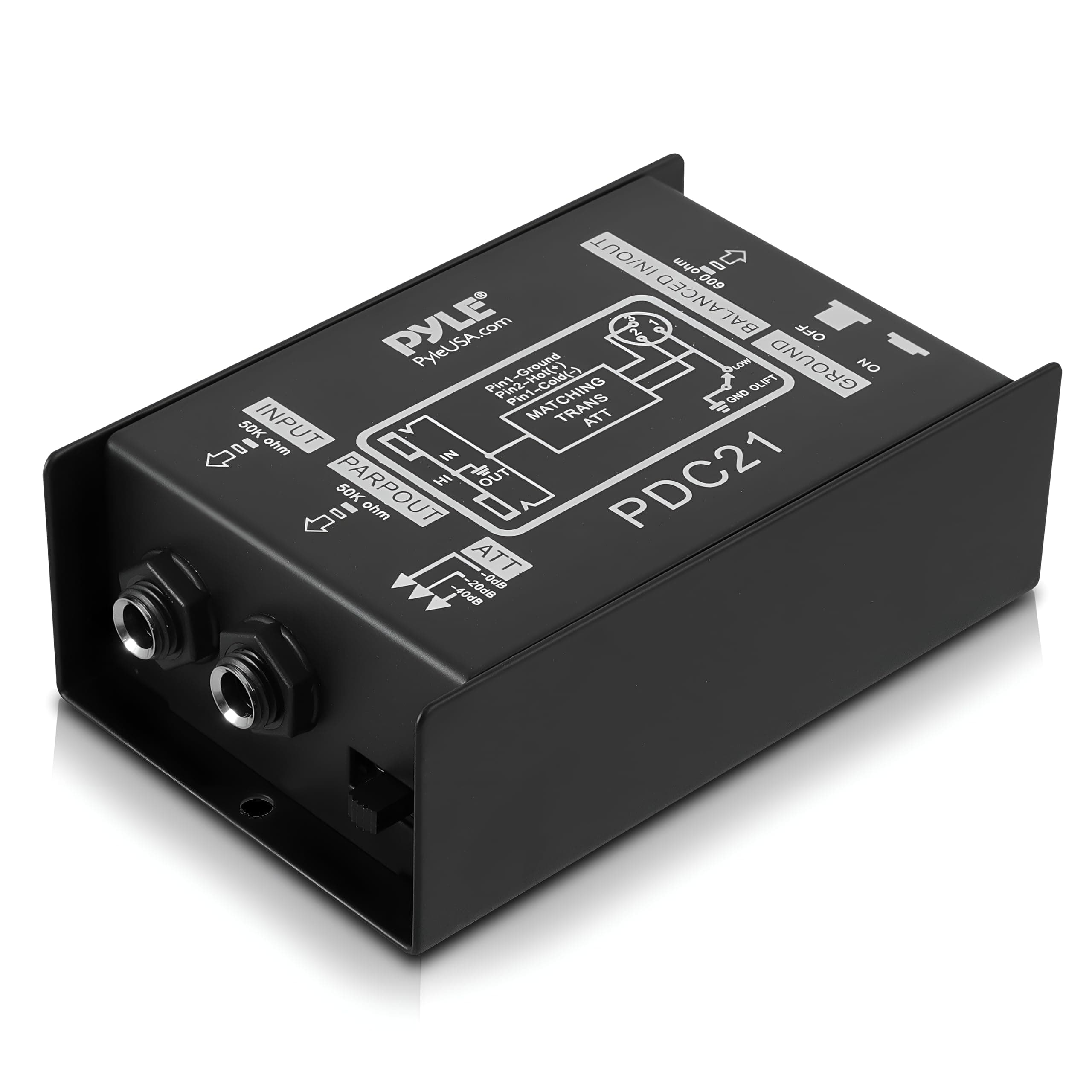 Pyle Premium Direct Injection Audio Box - 2.36" x 4.09" Passive DI Unit Hum Eliminator w/ Input Attenuator to Connect Guitar & Bass, 1/4'' Impedance Transformer Connector to Balanced & Unbalanced XLR
