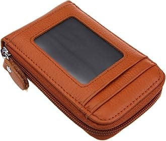 DKER Genuine Leather Mini Credit Card Case Organizer Compact Wallet with ID Window - Brown