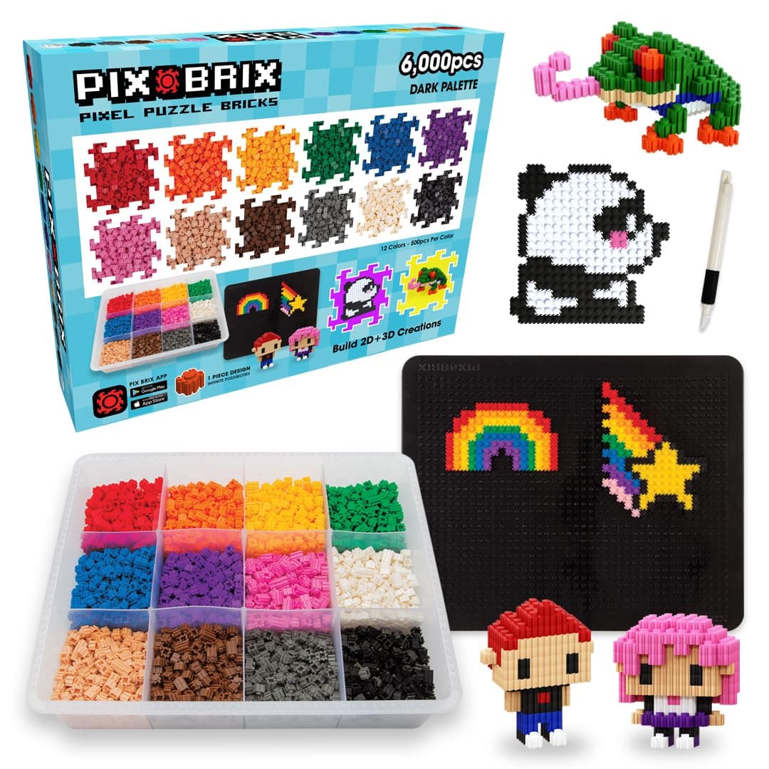 Pixel Art Puzzle Bricks – 6,000 Piece Pixel Art Container, 12 Color Dark Palette – Interlocking Building Bricks, Create 2D and 3D Builds Without Water or Glue – Stem Toys, Ages 6 Plus