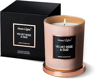 Home Lights Luxury Designer Scented Jar Candle, Rosegold Steel Lid and Silky Coloured Glass 100% Nature Soy Wax, 7.19 oz, Scented & Long Lasting Medium White (Velvet Rose & Oud)