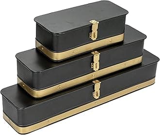 Decorative Metal Boxes with Lid, Black with Gold Band, Set of 3