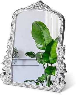 Vintage Makeup Mirror, Vanity Desk Mirror Antique Traditional Tabletop Mirrors, Standing, Hang or Wall Mounted, Adjustable Dress-up Mirrors, Silver Decor for Living Room,Bedroom