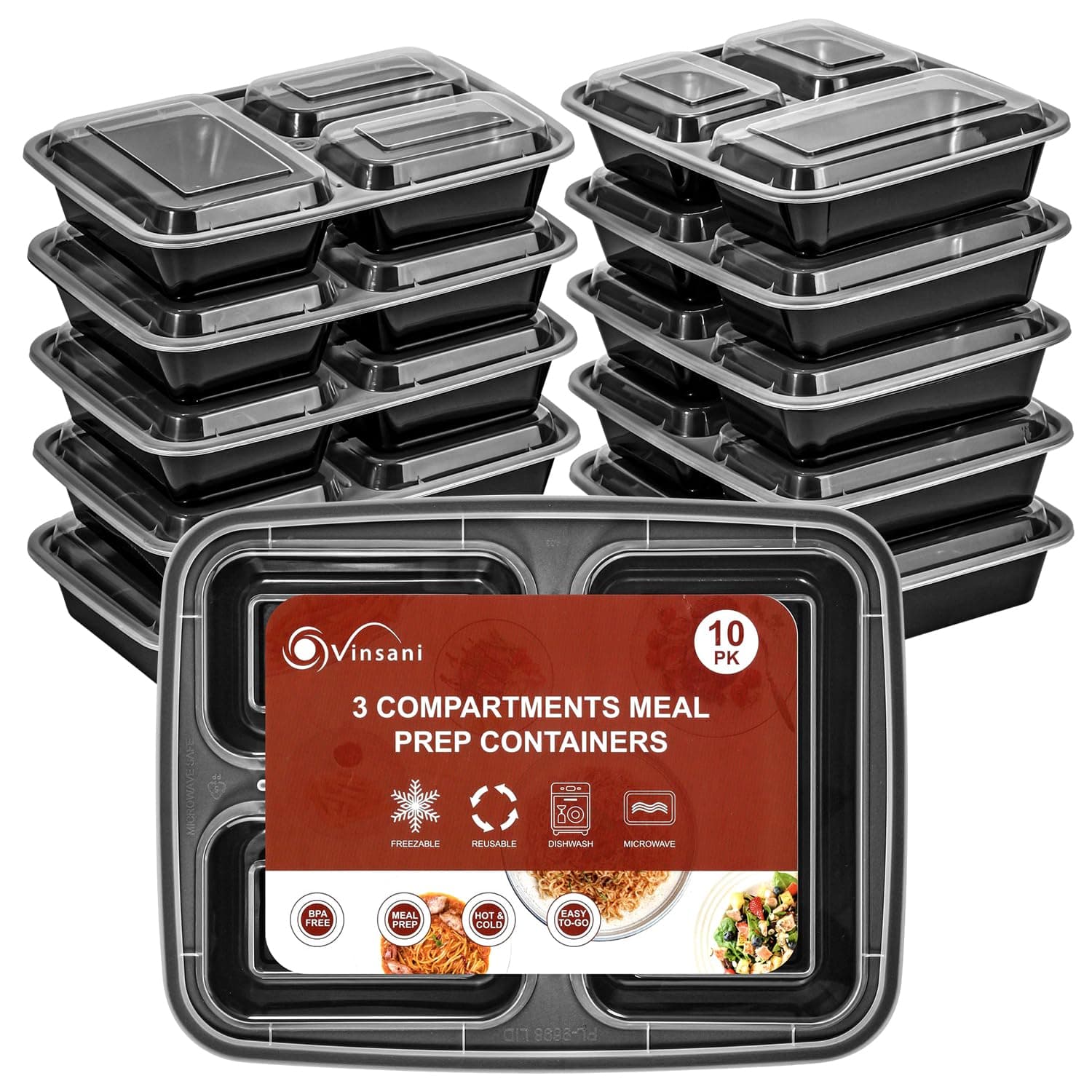 3 Compartment Meal Prep Containers – 10/20/30 Pack 32oz BPA-Free Reusable Plastic Food Storage Trays with Lids, Stackable Bento Lunch Boxes – Microwave, Freezer & Dishwasher Safe (10 Pack)