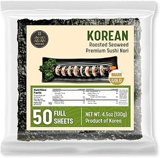 Premium Sushi Nori, GOLD GRADE, Crispy Roasted Seaweed (50 Full Sheets), All Natural, Vegan, Rolls, Sushi, Onigiri, Korean Gimbap, Resealable Bag, Homemade Maki - Product of Korea