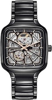 Rado Men's True Square 38 mm Automatic Dress Watch with High-Tech Ceramic Strap, Black, 20 (Model: R27086162)