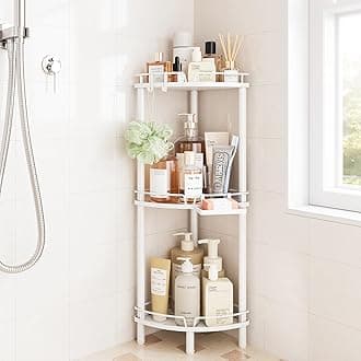 ELYKEN Corner Shower Caddy Standing, 3 Tier Rustproof Metal Shower Organizer with Soap Holder, Floor Shower Corner Shelf Rack Storage Stands with Adjustable Feet & 2 Hooks for Bathroom, White
