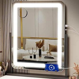 Makeup Vanity Mirror with Lights - 22" Large LED Lighted Mirror with 10X Magnification and USB Charging Port, Phone Holder, Smart Touch 3 Colors Dimmable, 360° Rotation, Black
