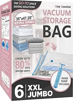 6 Pack XXL Jumbo Vacuum Storage Bags, Extra Jumbo Vacuum Sealed Bags for Comforters, Bedding, Blanket Storage, Space Saver Extra Large Vacuum Storage Bags for Huge Stuffed Toy (47.2x35in)