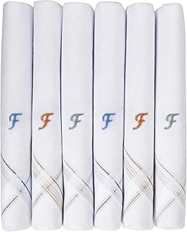 Caruso Italy Men's Initial Monogram (A-Z) Embroidery 100% Pure Cotton Handkerchief White Base With Colored Border - Pack Of 6