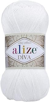 AlizeDiva Silk Effect 100% Microfiber Acrylic Yarn 1 Ball skeins 100gr 383yds Color (55 - White)