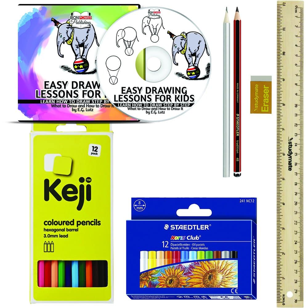 Learn to Draw Kit Set - Easy Drawing Lessons for Kids - Learn How to Draw Step by Step - E.G. Lutz - Contains CD Tutorial, 12 Colored Pencils, 12 Oil Pastels, 2 Graphite Pencils, 12" Ruler, Eraser