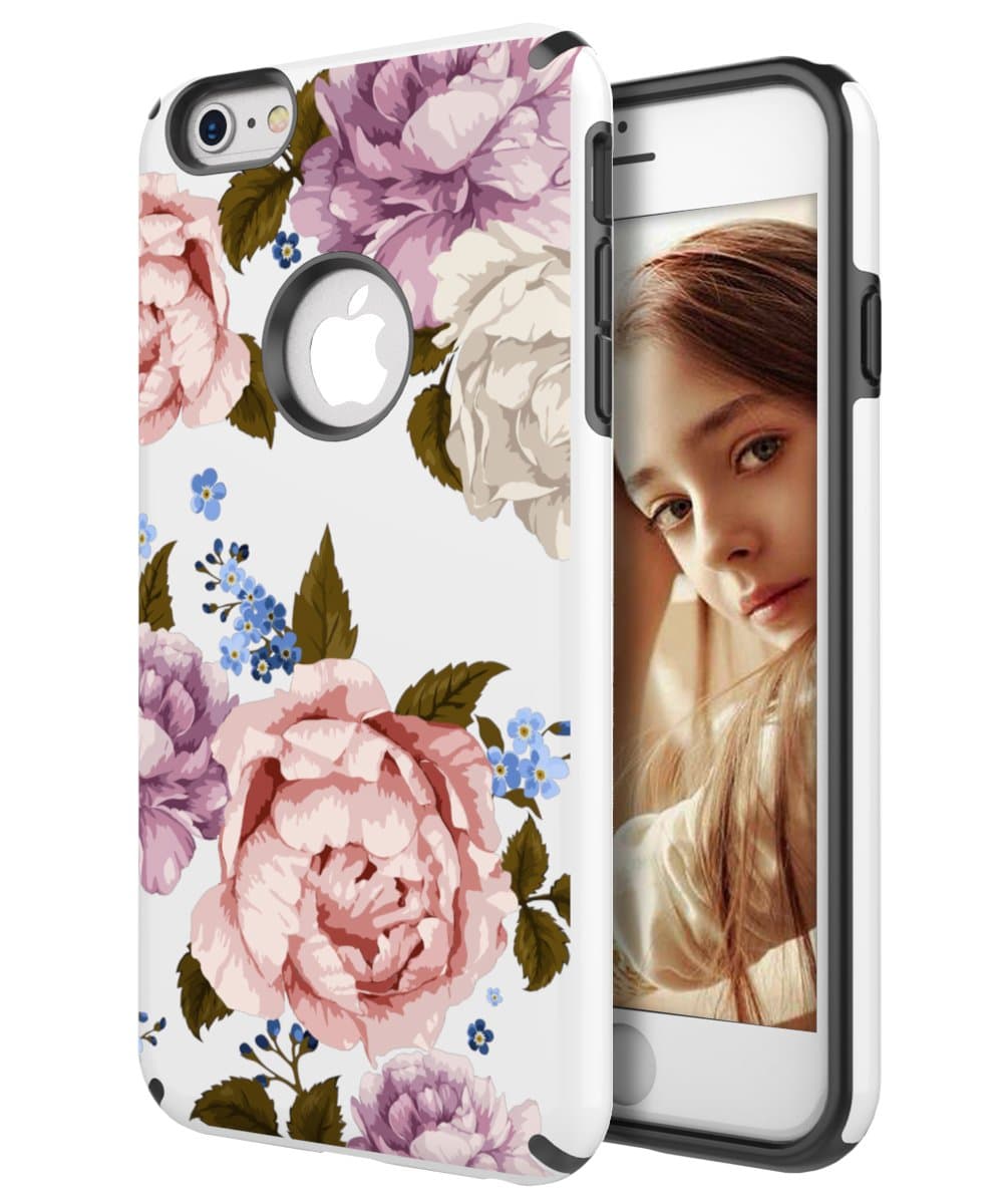 iPhone 6s Plus Case,iPhone 6 Plus Case Flower Design Dual Layer Durable Plastic Rubber Silicone Cute Girls Woman Shockproof Case Fit for iPhone 6sPlus/6Plus White