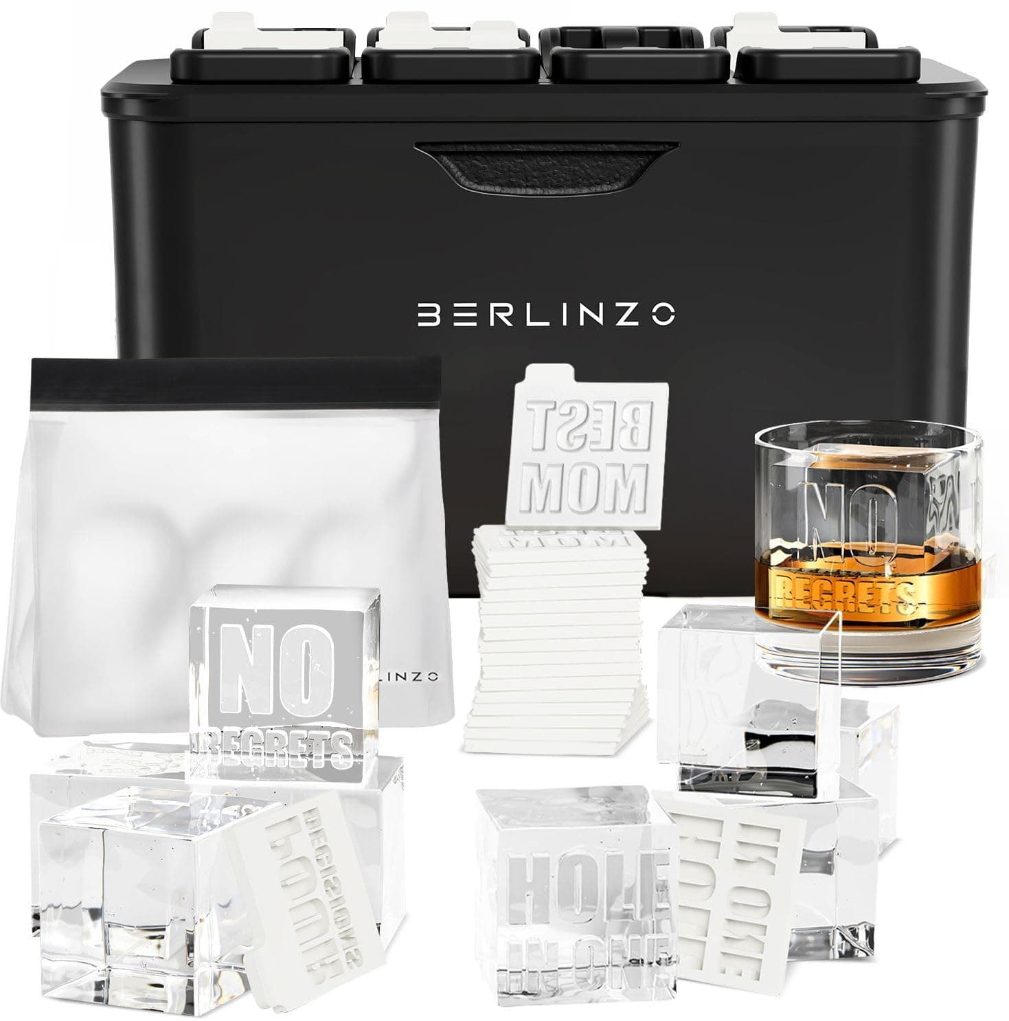 Berlinzo Premium Clear Ice Cube Maker with Conversation Ice Prints – 8 Large 2.1" Crystal Clear Ice Squares – Giftable Idea for Party, Game Night & Just for Fun – Includes Storage Bag (Non-Electric)