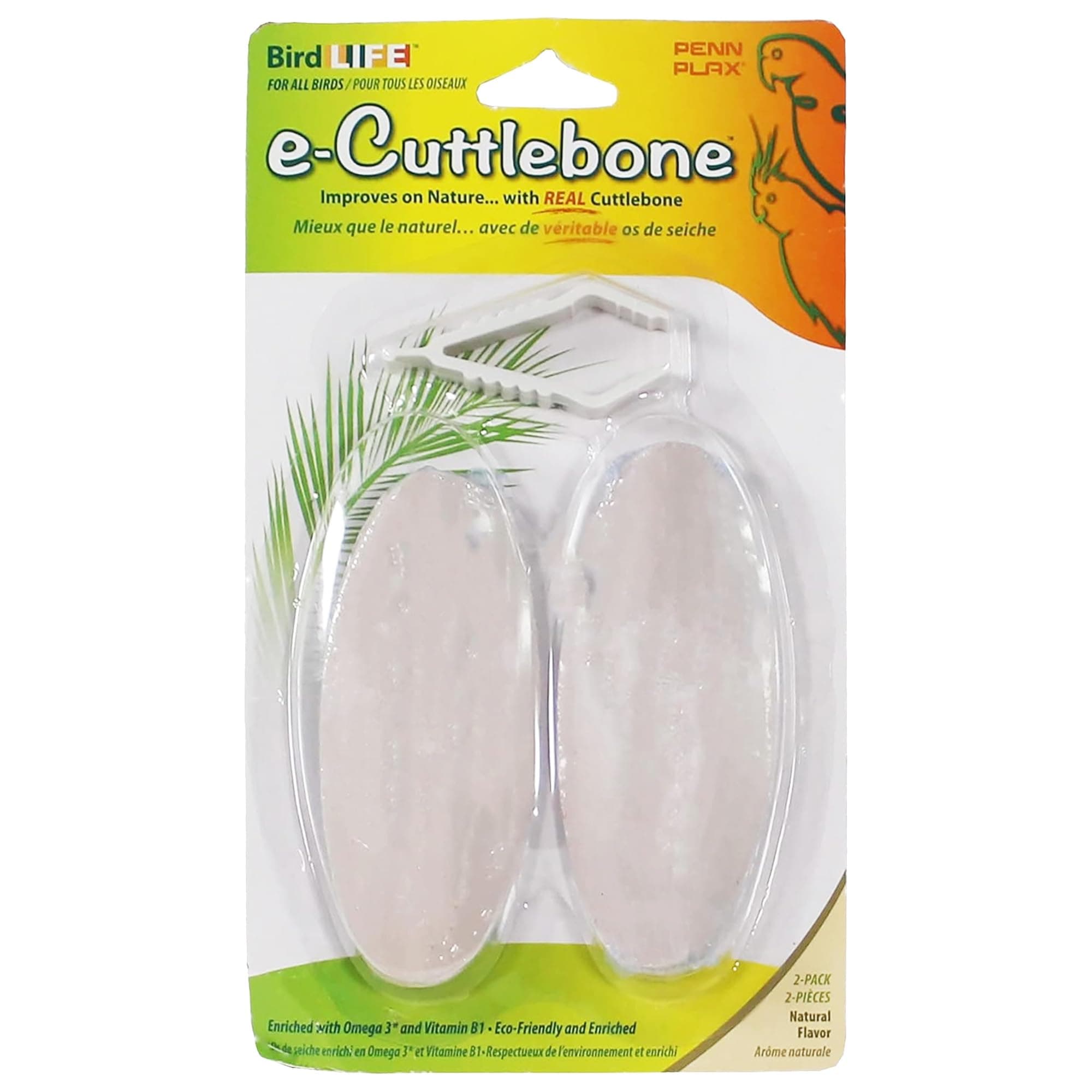 Penn-Plax Bird-Life E-Cuttlebone Natural, 1 Pack (2 Counts) - Durable, Less Brittle Cuttlebones Enriched with Omega 3, Honey & Vitamin B1 - Easy Mounting, Cage Clip - Great for All Bird Sizes - White