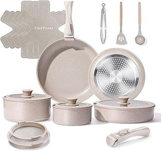 Chef Power Ceramic Nonstick Pots and Pans Set 19 Piece with Detachable Handle, Induction Dishwasher Oven Safe Cookware Set, RV Kitchen Set Removable Handle, Mocca Taupe