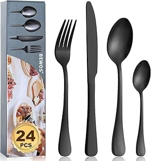 Cutlery Set, BEWOS 24-Piece Matt Black Silverware Tableware Set, Stainless Steel Flatware Set with Spoon Knife and Fork Set, Service for 6, Easy Clean & Dishwasher Safe