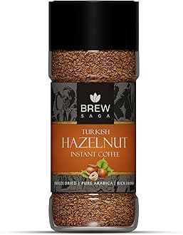 BREWSAGA Turkish Hazelnut Instant Coffee, 100% Arabica, Freeze-Dried, Flavored Coffee Powder, 100g Granules, Makes 50 Cups, No Added Sugar, Home & Office Use