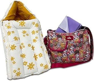 Yellow Flowers Baby Nest, Dry Mat & Pink Baby Diaper Bag Combo - Pack of 3, Unisex, Portable, Waterproof, Hypoallergenic, Complete Parenting Solution for Newborns & Infants| TC - 40