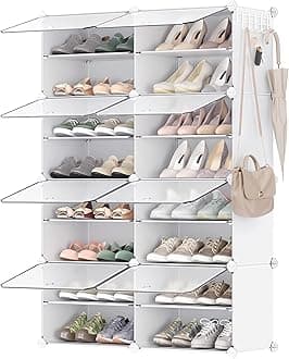 SONGMICS Shoe Rack Organizer, 8-Tier Shoe Storage Cabinet for Closet and Entryway, Holds 32 Pairs of Shoes, Adjustable, Cloud White and Trasparent ULPC034W01