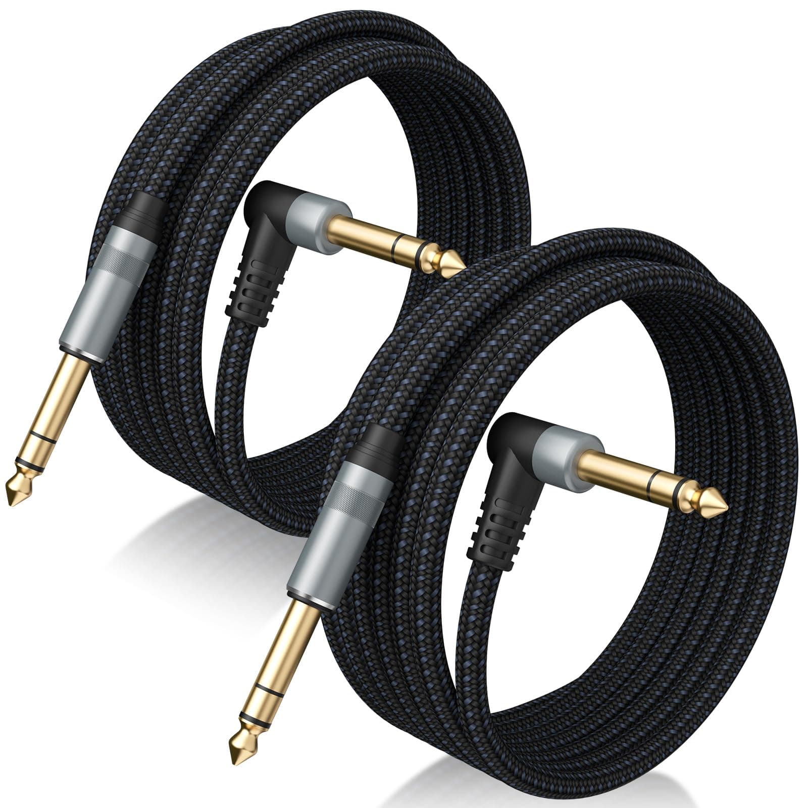 2 Pack Premium TRS Cable 10FT, 1/4 Inch TRS Cable- Noise Free and Long-Lasting Stereo 1/4 Audio Cable, Balanced Interconnect Line for Electric Guitar, Mixer, Studio Monitor, Right Angle