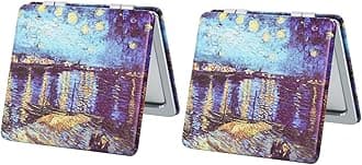 Pocket Mirror for Women, 2 Pcs Square 2.8” PU OilPainting Style Double Sided 1X/3X Mirror for Purse Travel Compact Mirror (OP02)