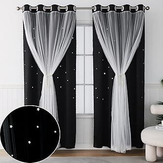 Cute Blackout Curtains for Girls Bedroom - Black Aesthetic Star Cutout Double Layer with Sheer Overlay, 84 Inches Long 2 Panels Teens Kids Room Curtain Nursery Decor Drapes