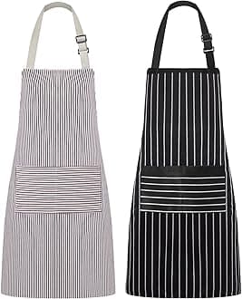 Syntus 2 Pack Adjustable Bib Apron with 3 Pockets Cooking Kitchen Aprons for Women Men Chef, Pinstripe