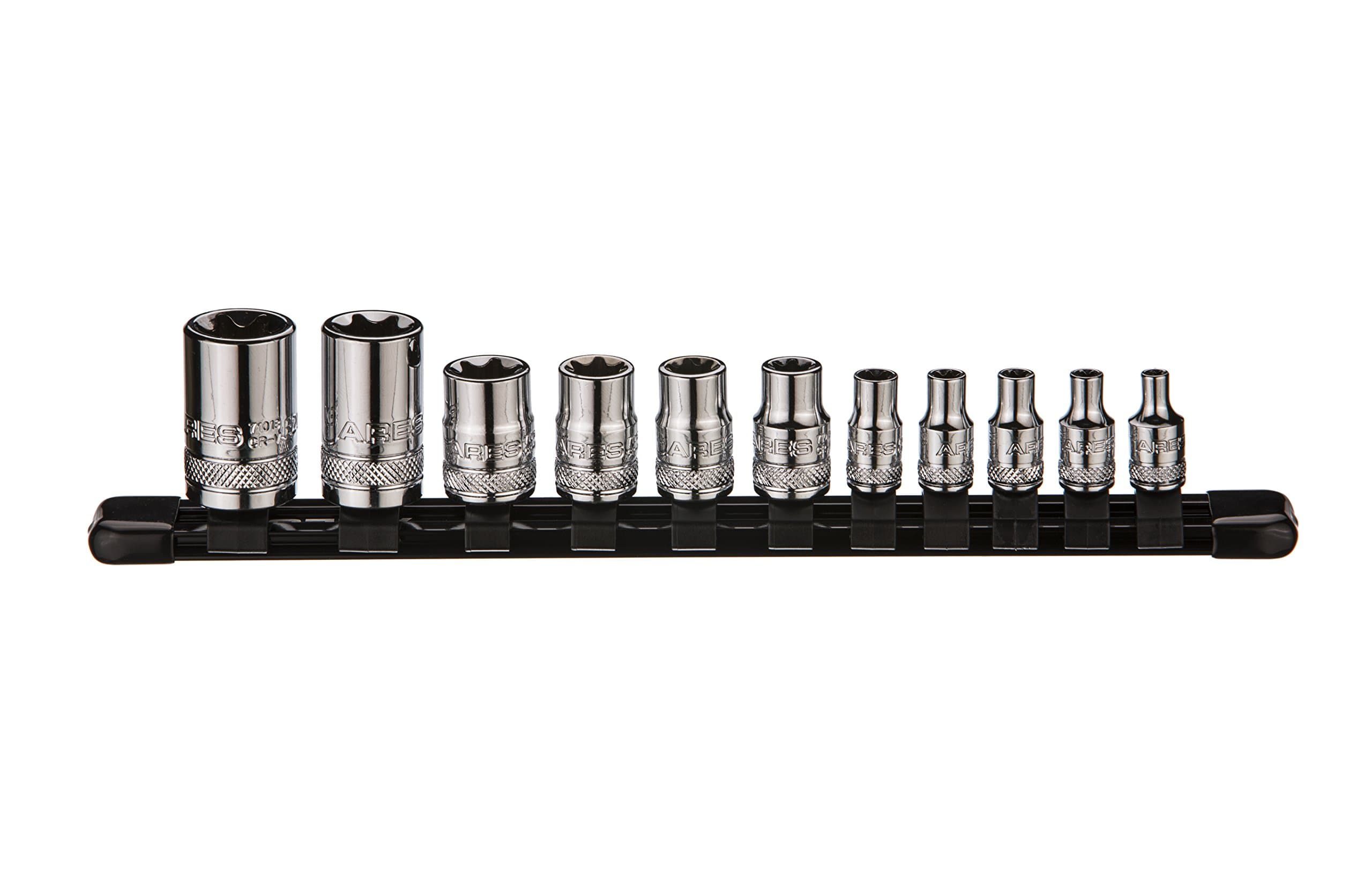 ARES 70261 - External Torx Socket Set - 11-Piece Set Includes 1/4-Inch, 3/8-Inch and 1/2-Inch Drive E4 to E20 Sockets - Set Comes Complete with Convenient Socket Storage Rail