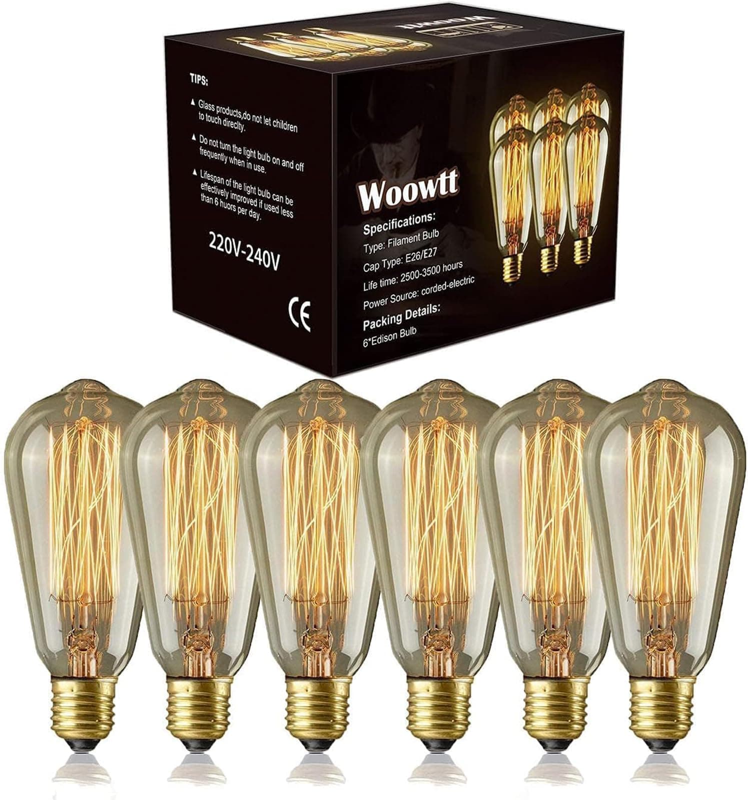 Edison Light Bulb 6 Pack Classic Antique Bulb Style - Dimmable - Amber Warm - ST64 40W