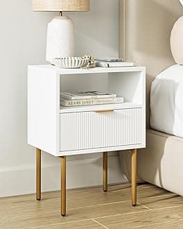 Nightstand, Modern Bedside Table with 1Drawer and Open Shelf,White Night Stand with Gold Metal Frame, Small Side Table for Bedroom, Living Room, Slim Spaces